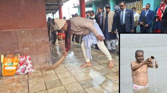 नये अंदाज में दिखे बाबूलाल, मकर संक्रांति पर लगायी आस्था की डुबकी, मंदिर में लगाई झाड़ू