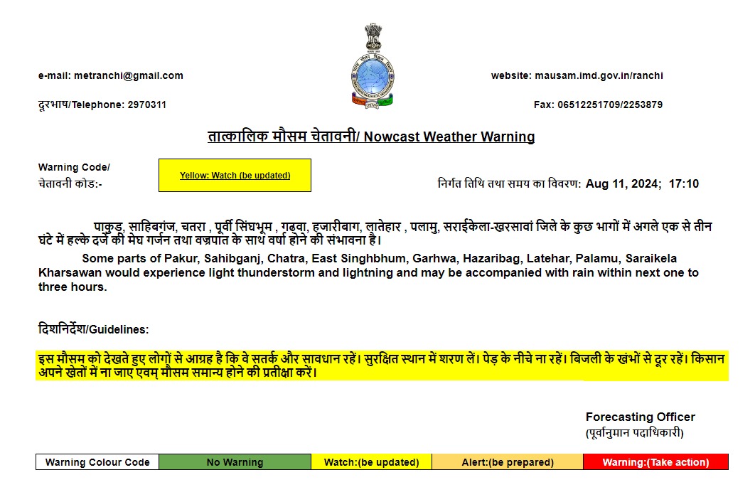 Jharkhad Weather Alert : अगले दो से तीन घंटे में होगी जोरदार बारिश, गिर सकता है ठनका, मौसम विभाग ने जारी किया अलर्ट