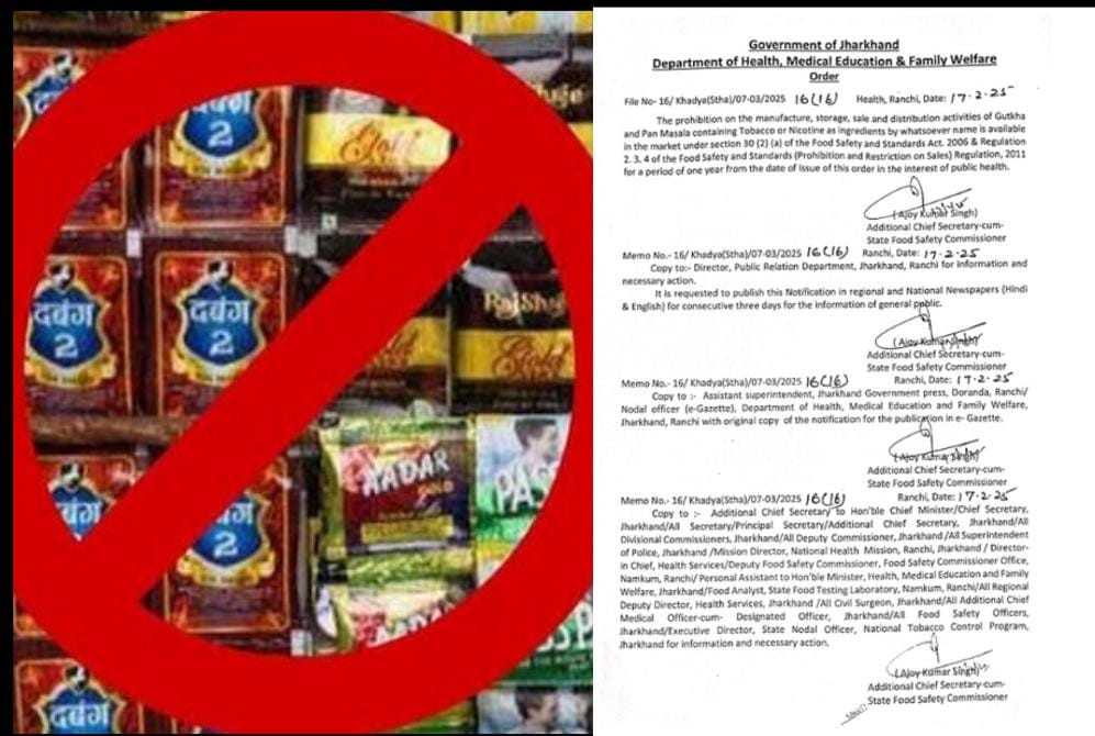 झारखंड में गुटखा-पान मसाला पर लगा बैन, स्वास्थ्य विभाग ने जारी किया आदेश