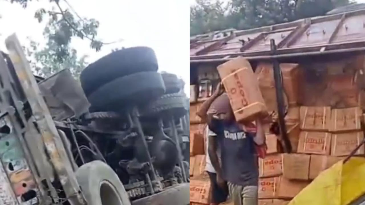 गिरिडीह से देवघर आ रही ट्रक अनियंत्रित होकर पलटी, लाखों रुपए का सरसों तेल लूटने से बचा