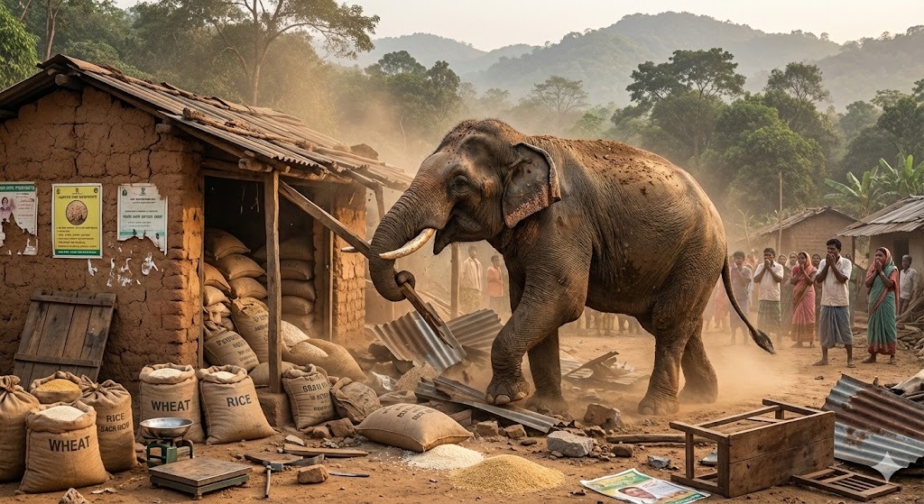 झारखंड के इस इलाके में फिर दिखा जंगली हाथी का उत्पात, PDS दुकान तोड़ा और सरकारी राशन कर गया साफ
