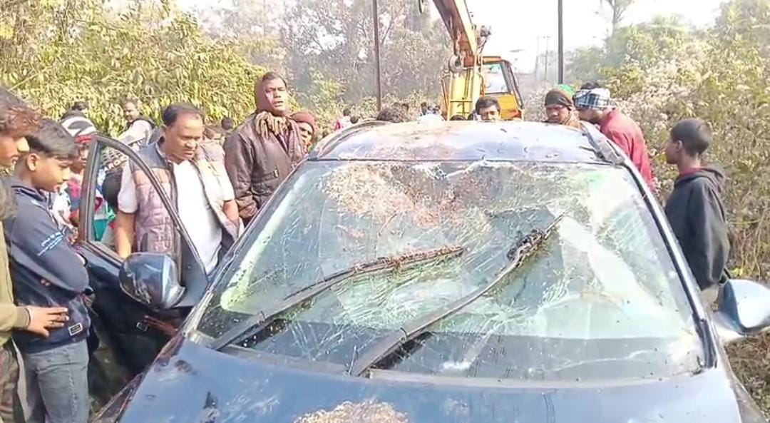 ब्रेक फेल होने से नाले में गिरी कार, बाल-बाल बचे लोग