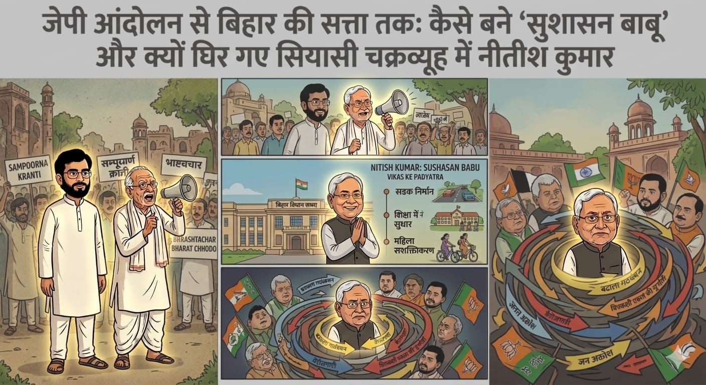 सियासी सफर: जेपी आंदोलन से बिहार की सत्ता तक: कैसे बने ‘सुशासन बाबू’ और क्यों घिर गए सियासी चक्रव्यूह में नीतीश कुमार
