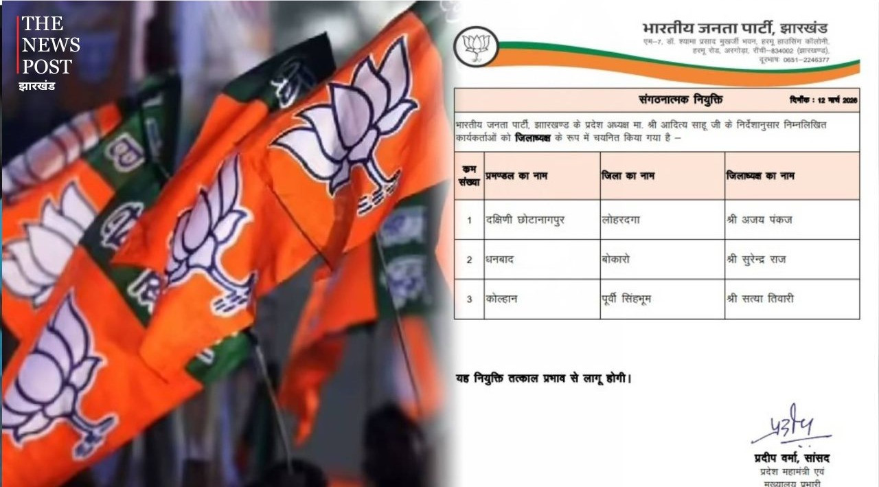 Breaking: झारखंड में भाजपा का बड़ा संगठनात्मक फैसला, तीन जिलों में नए जिला अध्यक्ष नियुक्त