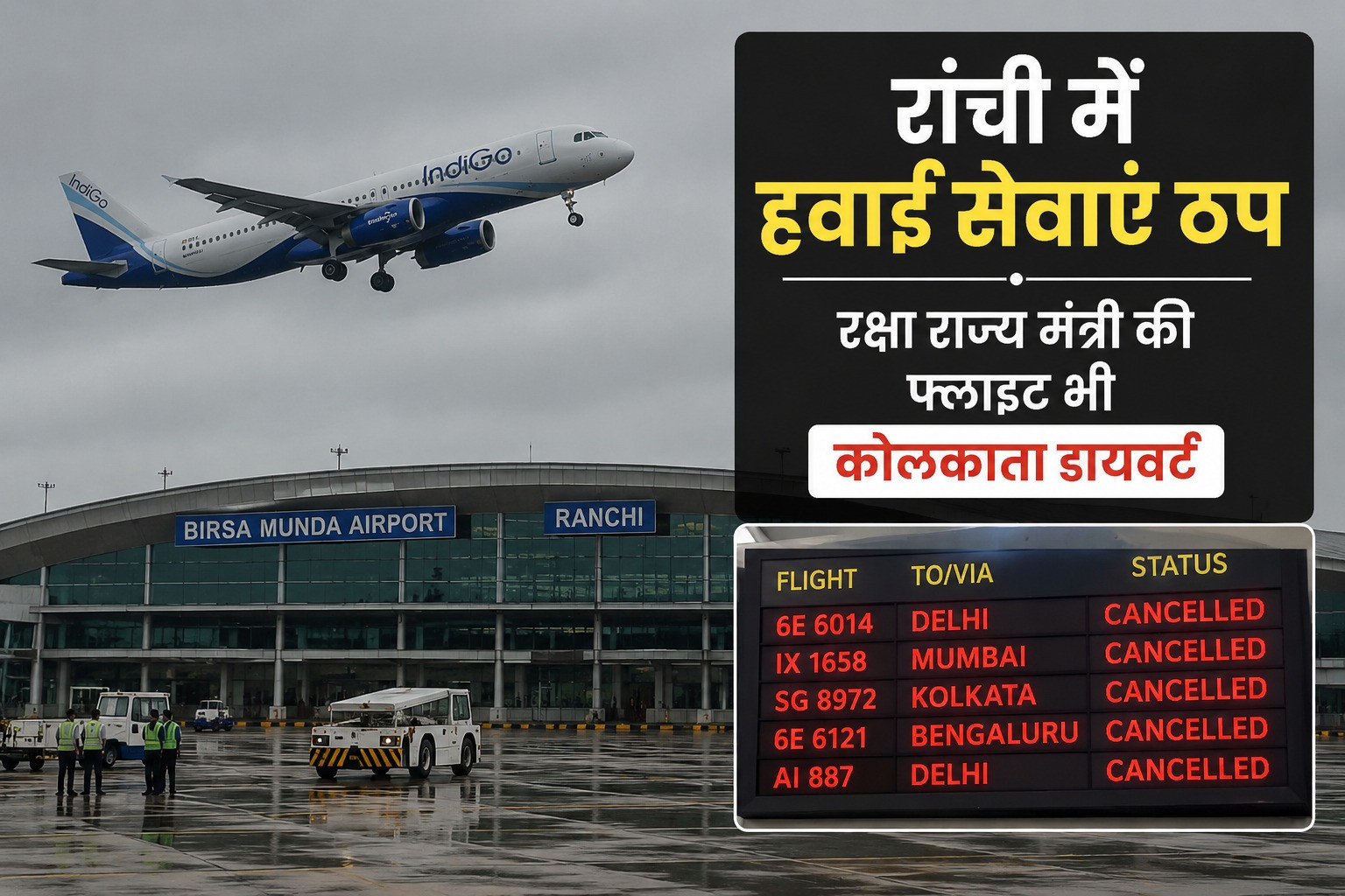 रांची में फिर बदला मौसम का मिजाज, रांची हवाई सेवाएं ठप, रक्षा राज्य मंत्री की फ्लाइट भी कोलकाता डायवर्ट