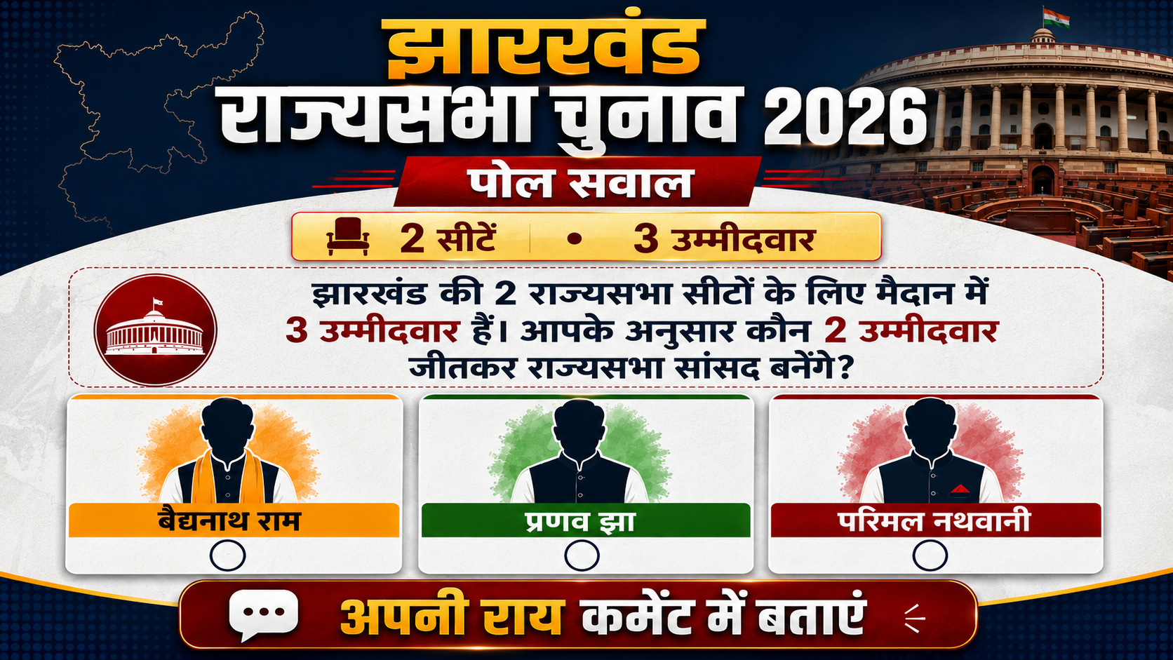 झारखंड राज्यसभा चुनाव 2026 पोल  सवाल: झारखंड की 2 राज्यसभा सीटों के लिए मैदान में 3 उम्मीदवार हैं। आपके अनुसार कौन 2 उम्मीदवार जीतकर राज्यसभा सांसद बनेंगे?