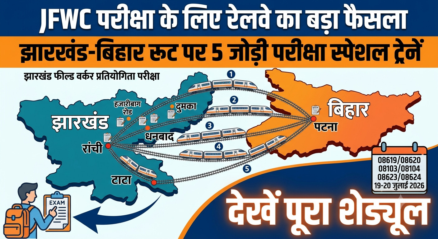 बिग अपडेट : JSSC-JFWC परीक्षा के लिए रेलवे का बड़ा फैसला. झारखंड-बिहार रूट पर 5 जोड़ी परीक्षा स्पेशल ट्रेनें चलेंगी, देखें पूरा शेड्यूल