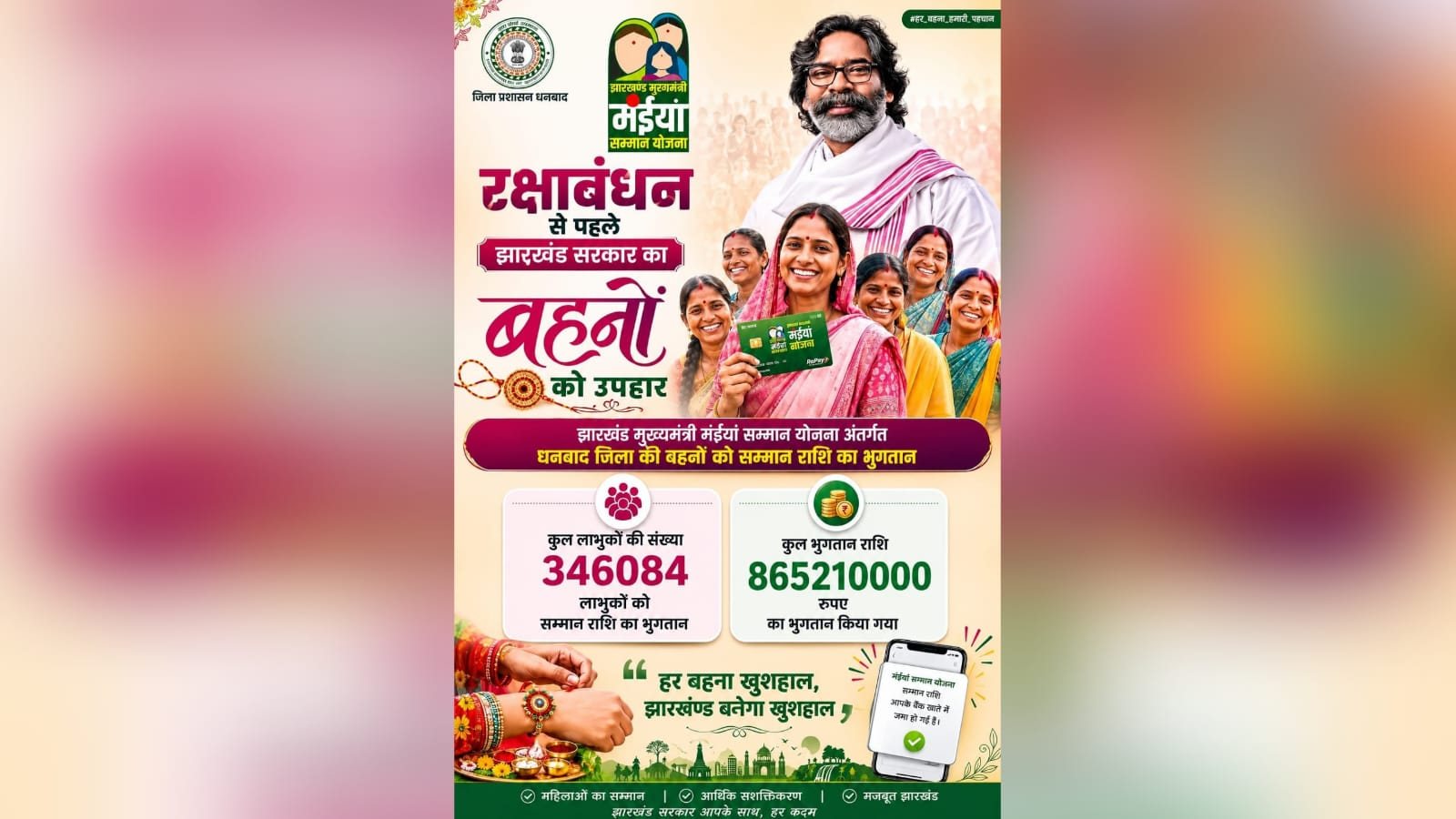 रक्षा बंधन से पहले मंईयां के खाते में पहुंची खटा खट राशि,धनबाद में 3.5 लाख के खाते में पहुंची किस्त