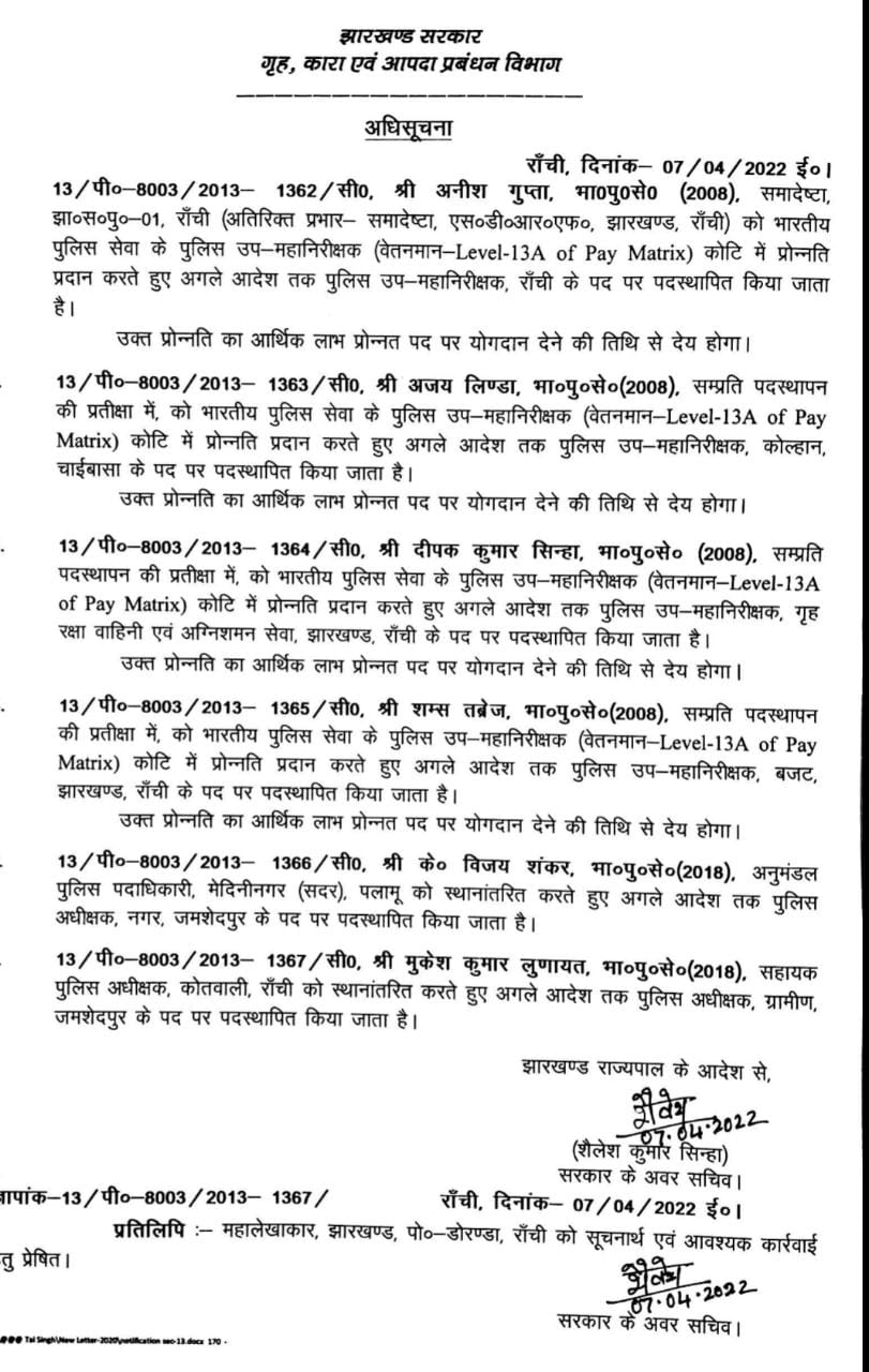 4आईपीएस को मिला प्रमोशन,जैप कमांडेंट अनीश गुप्ता बनें रांची के डीआईजी