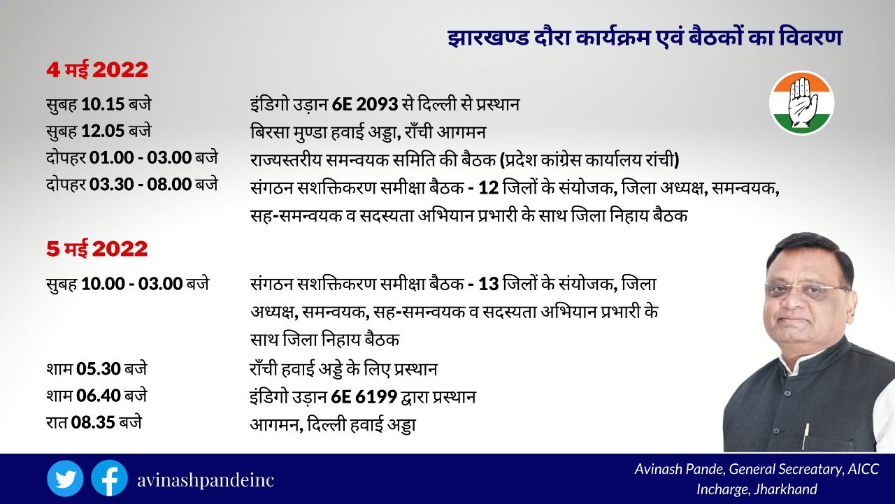 राजनीति : सियासी संकट के बीच कांग्रेस प्रभारी अविनाश पांडे क्या करने आ रहे हैं झारखंड !